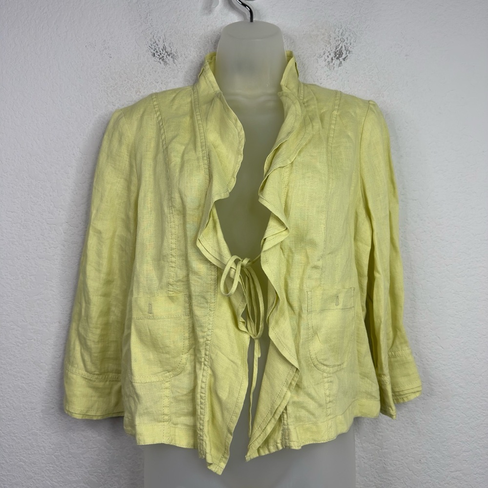 Philippe Adec Jacket Women 14 Yellow Linen Long Sleeve Tie Ruffle Boho Lagenlook